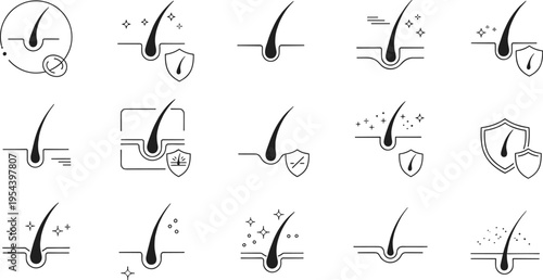 Hair follicle protection and scalp care icons set with growth hygiene and treatment line art vector illustration