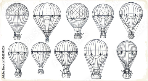 Vintage Hot Air Balloons Collection - Hand Drawn Sketch Style