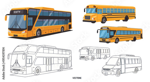 Yellow Buses Collection: Double Decker, School Bus, Mini Bus, and Sketch