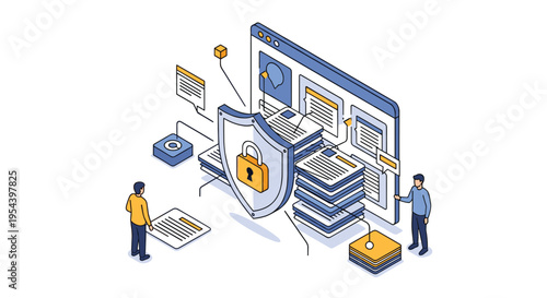 Digital data security and file protection concept featuring professionals securing document stacks behind a large shield and lock.