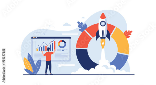 Project management and startup growth concept featuring a professional analyzing data charts next to a launching rocket ship.