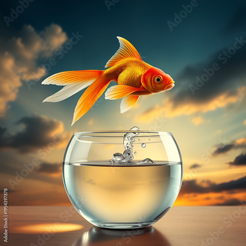 A goldfish leaping from one bowl to another against a dramatic sky. Capturing the decisive moment of change. Perfect for conceptual art and design. AI