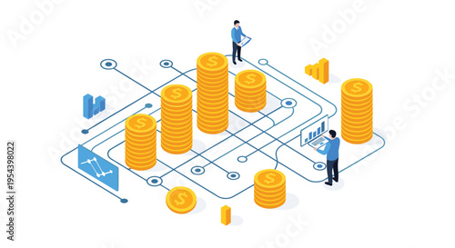 Financial network and investment management concept with professionals analyzing stacks of gold coins and data graphs.