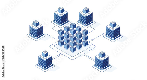 Decentralized data network and server infrastructure concept featuring multiple database towers connected in a grid.