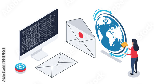 Global email communication and digital file transfer concept featuring a woman sending messages across the world.