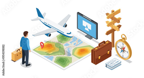 Travel planning and business trip concept featuring a world map airplane suitcase compass and hotel booking monitor.