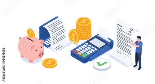 Personal finance and small business payment management concept featuring a piggy bank payment terminal and receipts.