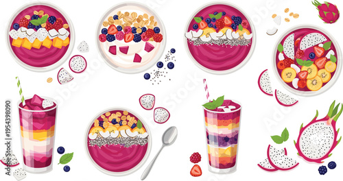Colorful Smoothie Bowl and Layered Yogurt Drink Set with Fresh Fruits, Granola, Berries, and Dragon Fruit for Healthy Breakfast and Dessert Designs