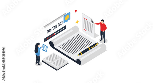 Creative content writing and storytelling concept featuring authors working on a large paper scroll with a video screen.