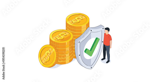 Financial protection and insurance concept with person standing next to shield guarding stacks of gold coins against potential risk.
