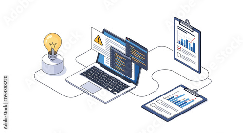 Software development process illustrated with laptop showing code, lightbulb for ideas, and clipboards for project progress tracking.