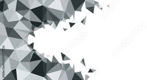 Geometric background featuring dark and light grey polygonal triangles crumbling away into white space for modern abstract design.