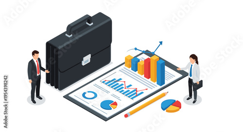 Corporate business analysis featuring professional partners, giant briefcase, and various infographics on clipboard for presentations.