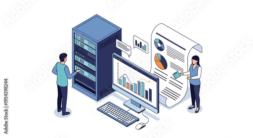 Data storage and analysis workflow with professionals managing server hardware and long printed reports of statistical information.