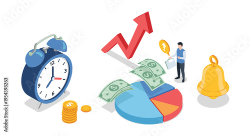 Investment strategy visualization with rising red arrow, pie chart, money, alarm clock, and business person holding briefcase for success.