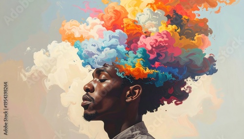 A person with a vibrant, colorful afro against a soft, gradient background