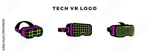 Stylized virtual reality headset logos in a vibrant neon color scheme, representing modern immersive technology, gaming, and future digital entertainment experiences