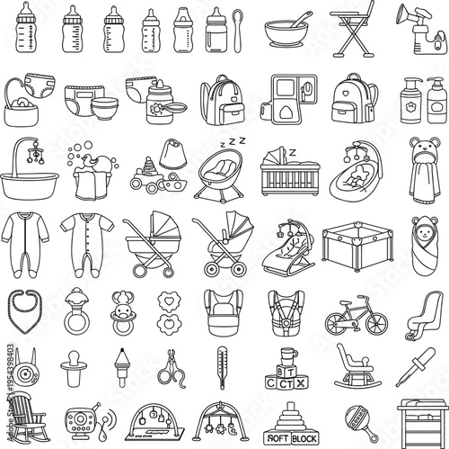 Baby Care and Newborn Essentials Icon Set with Bottles, Stroller, Crib, Toys, and Nursery Items for Parenting and Infant Design
