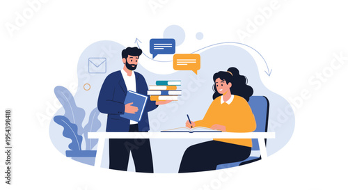 Educational interaction with male teacher giving books to female student writing at desk for academic progress and knowledge sharing.