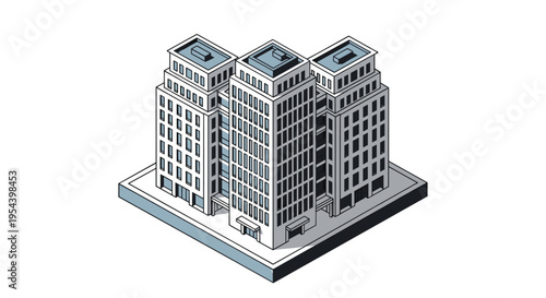 Isometric view of modern corporate office buildings with multiple floors and glass windows for commercial real estate development.
