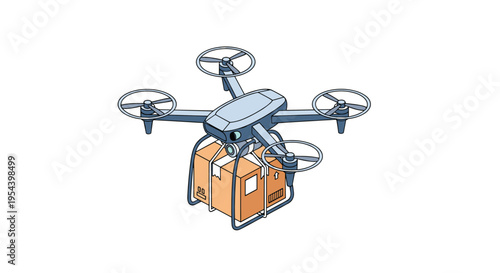 Modern delivery technology featuring remote controlled drone carrying cardboard package for fast logistics and automated transport services.