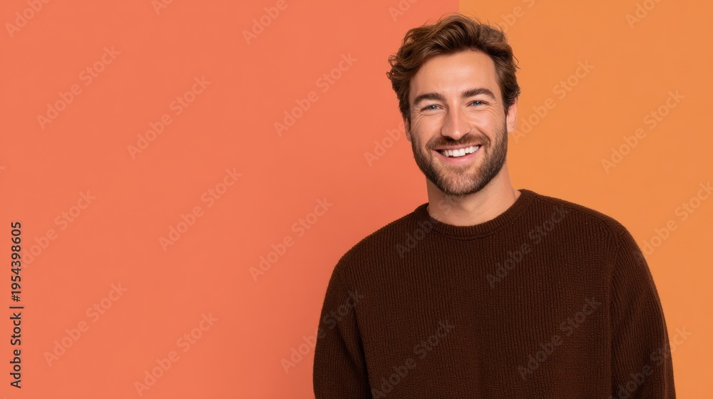 Fototapeta premium Cheerful young man grinning at camera wearing cozy brown sweater over vibrant orange and coral background with copy space for professional corporate branding