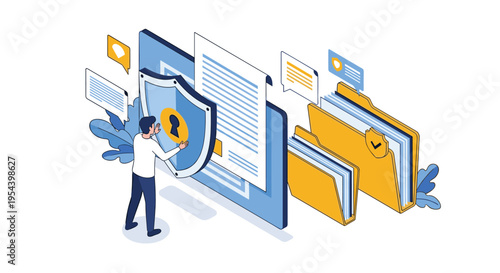 Digital information is protected by a security shield and secure folders as a professional monitors data privacy on a computer.