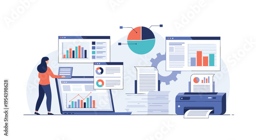 Business woman manages data reporting and office tasks using a laptop, printer, and various colorful infographic charts.