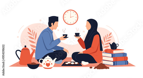 Young Muslim couple enjoys a relaxing tea break while sitting together on a carpet with books and snacks at home.