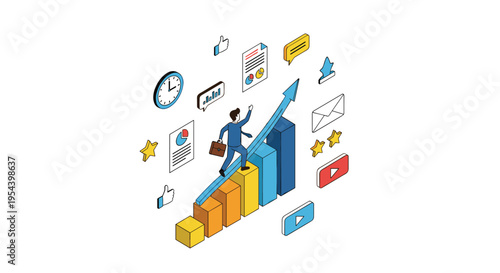 Ambitious businessman climbs a rising bar graph toward success while surrounded by various motivational and social media icons.