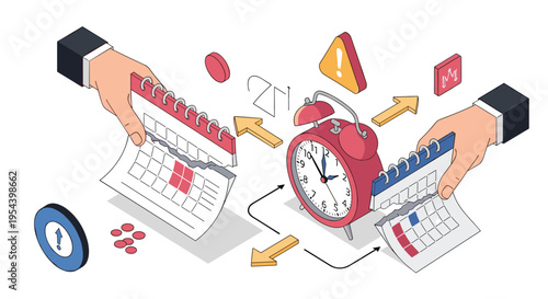 Concept of time management and deadlines is shown with hands tearing calendar pages and a ringing red alarm clock.