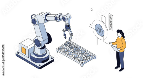 Industrial automation is demonstrated with a robotic arm performing precise tasks while a technician monitors progress on a tablet.