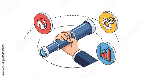 Strategic business vision is represented by a hand holding a telescope surrounded by house, gear, and financial chart icons.