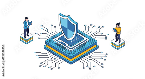 Advanced hardware security is visualized with a large shield protecting a computer processor being monitored by specialists.