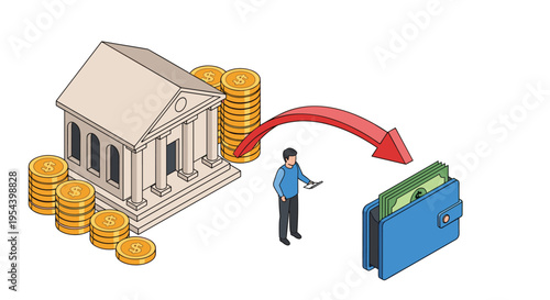 Online banking and money transfer concepts are depicted with currency moving from a bank building into a digital wallet.