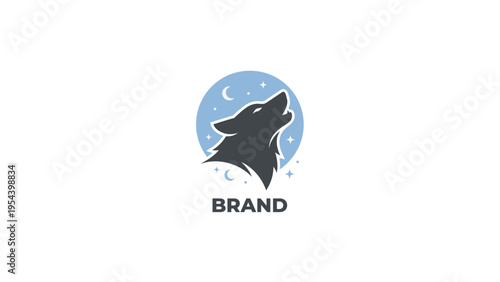 Elegant graphic illustration of a stylized wolf howling at a crescent moon and stars, perfect for a powerful and evocative brand logo design