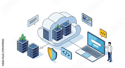 Sustainable cloud infrastructure is illustrated with servers integrated with green leaves and protected by a digital shield.