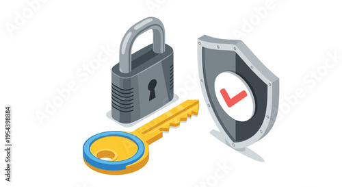 Security and access control concepts are visualized with a sturdy padlock, a golden key, and a protective checkmark shield.
