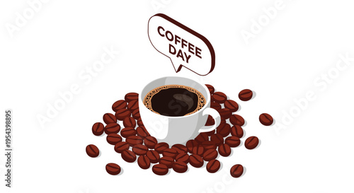 International Coffee Day is celebrated with a steaming cup of espresso surrounded by roasted beans and a speech bubble.