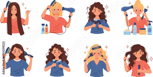 Hair styling and care routine collection with brushing drying curling and beauty tools vector illustration