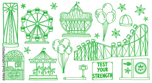 Amusement Park Fun Fair Icons: Ferris Wheel, Roller Coaster, Carousel, Balloons, Stars