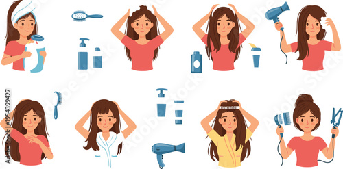 Hair styling routine collection with blow dryer straightener and care steps beauty process vector illustration