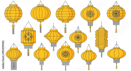 Collection of Yellow Chinese Lanterns Isolated on White Background