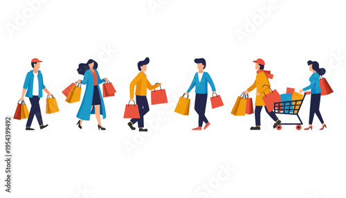 People shopping illustration with colorful bags and cart