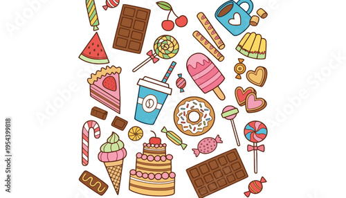 A colorful illustration of various sweet treats and desserts on a white background