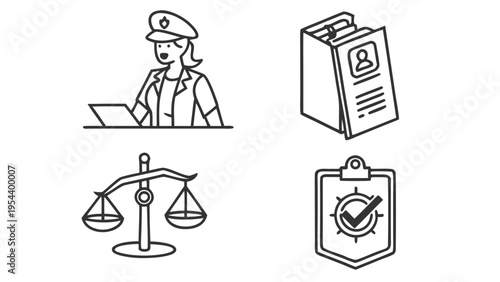 Minimal compliance management icon set featuring ethics policy, law book, compliance officer and document verification symbols. Clean editable vector icons ideal for corporate UI, legal dashboards.