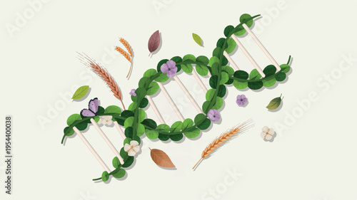 Digital illustration of a DNA helix made from green leaves and flowers, surrounded by organic grains, symbolizing botanical genetics and plant-based health