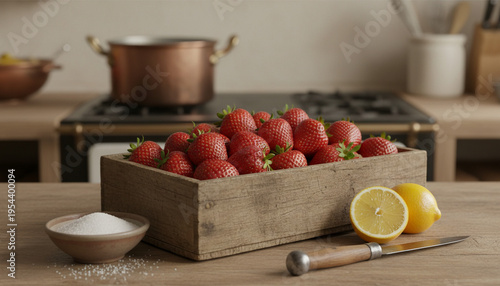 Rustic Kitchen Scene with Fresh Ripe Strawberries, Sugar, Lemon for Jam Making, Home Cooking Preparation, Seasonal Recipe 