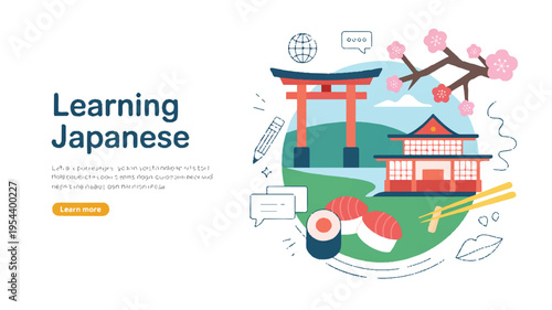 Learn Japanese With This Engaging Flat Design Illustration Featuring Cultural Icons