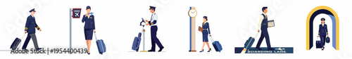 Flat vector illustration set of airline crew including pilots and flight attendants with luggage walking through an airport terminal for travel and aviation concepts.